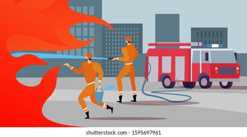 Firefighters are on the mission extinguish the blaze, with a help of fire engine save burning skyscrapers in the city streets. Firefighters service work concept.
