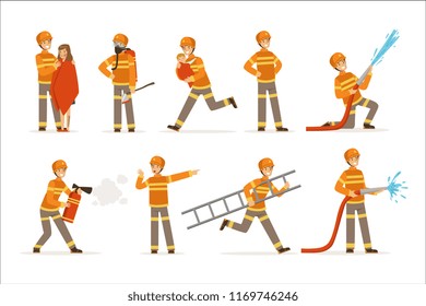 firefighters in orange uniform doing their job set. Fireman in different situations cartoon vector Illustrations