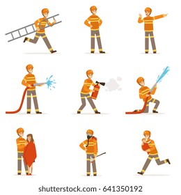 firefighters in orange uniform doing their job set. Fireman in different situations cartoon vector Illustrations