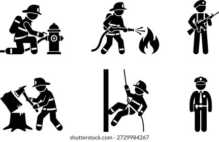 Bombeiros que desempenham várias funções em um fundo branco