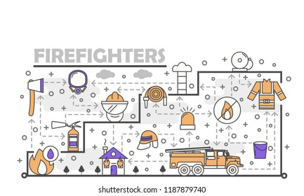 Firefighters poster banner template. Fire engine, firefighting tools and equipment vector thin line art flat style design elements, icons for web banners and printed materials.