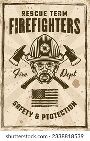 Firefighters poster in vintage colored style. Vector illustration with grunge textures and text on separate layers