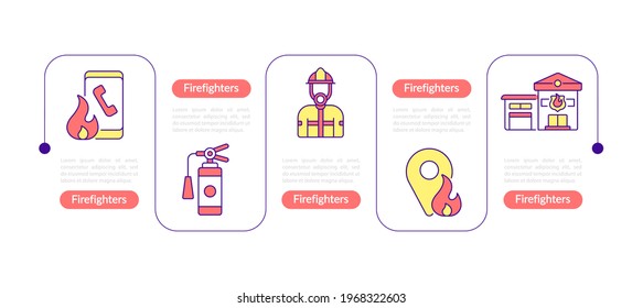 Firefighters presentation design elements. Protection vector infographic template. Data visualization with five steps. Process timeline chart.