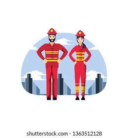 firefighters professionals couple with cityscape