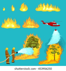 Firefighters in protective clothing and helmet with extinguish with water from hoses dangerous wildfire.Man fighter and rescue helicopter put out the fire in forest landscape damage vector