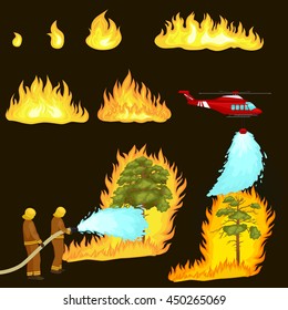 Firefighters in protective clothing and helmet with helicopter extinguish with water from hoses dangerous wildfire.Man fighter and rescue put out the fire in forest landscape damage vector