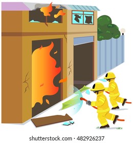 Firefighters put out the fire with a hose.