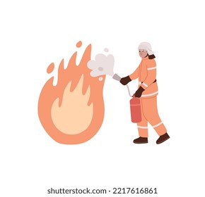 Firefighters putting out fire with the extinguisher. Saving lives.  Firemen wearing uniform extinguishing the fire flame. Isolated. Flat vector illustration.