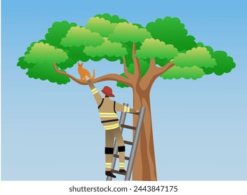 Feuerwehrleute retten eine Katze in einem Baum Vektor-Illustration, Feuerwehrmann im Schutzanzug und roter Helm versuchen, die Katze mit Leiter zu erreichen