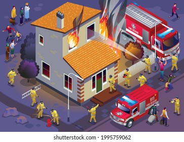 Firefighters rescue extinguish a fire in a cottage isometric icons on isolated background