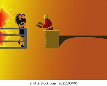 Firefighters rescue a mother and child on a balcony in a burning building with yellow background.