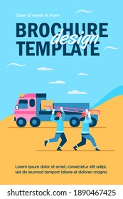 Firefighters rushing to rescue. Firemen running from vehicle, carrying ladder flat vector illustration. Fire hazard, emergency concept for banner, website design or landing web page