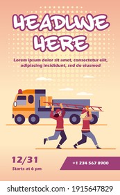 Firefighters rushing to rescue. Firemen running from vehicle, carrying ladder flat vector illustration. Fire hazard, emergency concept for banner, website design or landing web page