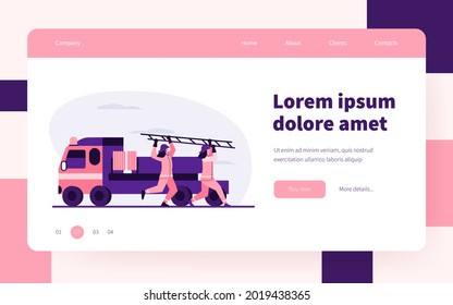 Firefighters rushing to rescue. Firemen running from vehicle, carrying ladder flat vector illustration. Fire hazard, emergency concept for banner, website design or landing web page