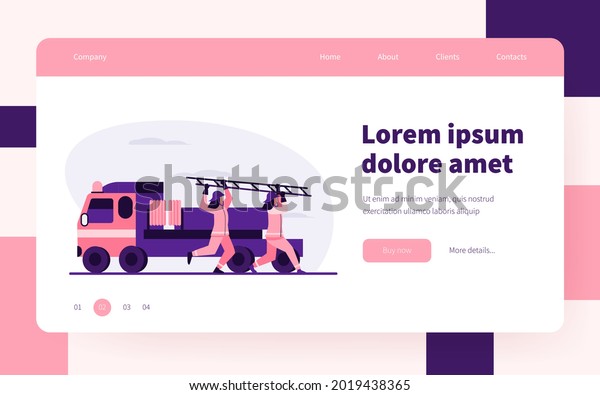 Firefighters\
rushing to rescue. Firemen running from vehicle, carrying ladder\
flat vector illustration. Fire hazard, emergency concept for\
banner, website design or landing web\
page