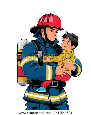 Firefighters saving boy from the fire. Saving lives. Firemen wearing uniform extinguishing the fire flame.