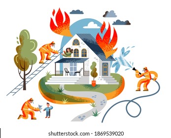 Firefighters Saving People From House On Fire. Rescuing People From Burning Building. Fire Department Emergency Vector Illustration. Staircase To Woman, Man With Hose, Giving Toy To Child.