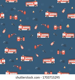 Firefighters seamless children's design Creative Scandinavian children's textures for fabrics, wraps, textiles, wallpaper, clothing. Vector illustration, fireman illustration, fire design, emergency