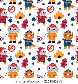 Firefighters seamless pattern. Funny animals in fire protection uniforms with buckets. Fox and hare extinguish flame. Red pumps. Forbidding signs. Burning match and