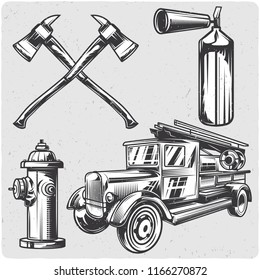 Firefighters set. Black and white illustration. Isolated on light backgrond with grunge noise and frame.