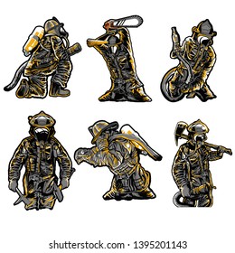 firefighters set different pose 1 patches pins badges stikers stickers collection vector isolated