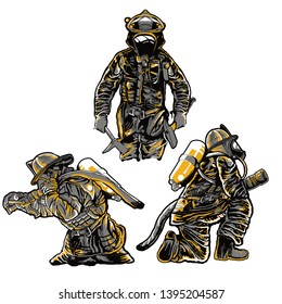 firefighters set different pose patches pins badges stikers stickers collection vector isolated