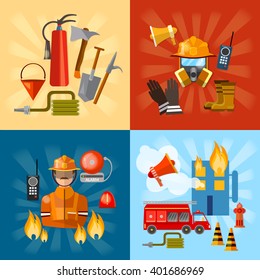 Firefighters set fire station fire fighting extinguish burning house vector illustration 