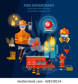 Firefighters set, fire station, fire fighting extinguish burning house firefighter tools, fire brigade vector illustration 