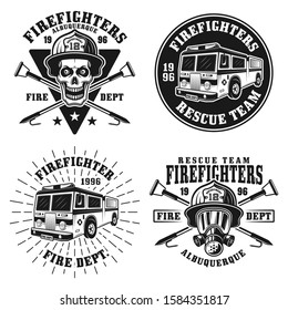 Firefighters set of four vector emblems, badges, labels or logos in vintage monochrome style isolated on white background