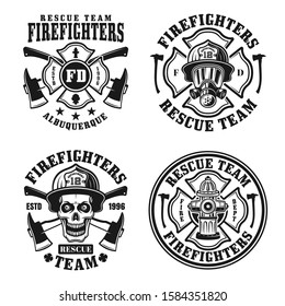 Firefighters set of four vector isolated emblems, badges, labels or logos in vintage black and white style