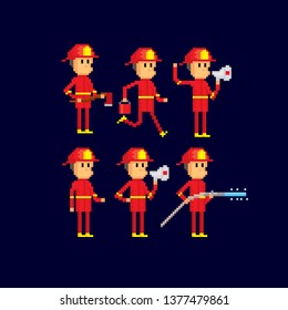 Firefighters set. Pixel art. Old school computer graphic. 8 bit video game. Game assets 8-bit sprite.