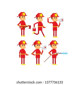 Firefighters set. Pixel art. Old school computer graphic. 8 bit video game. Game assets 8-bit sprite.
