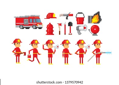 Firefighters set. Pixel art. Old school computer graphic. 8 bit video game. Game assets 8-bit sprite.