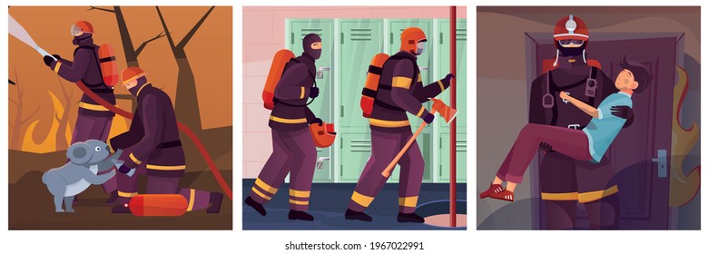 Firefighters set of three square compositions with views of fighting fire saving people and firefighting station vector illustration