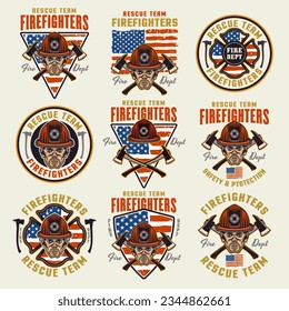 Firefighters set of vector emblems, logos, badges or labels design illustration in colored style on light background