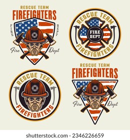 Firefighters set of vector emblems, logos, badges or labels design illustration in colored style on light background