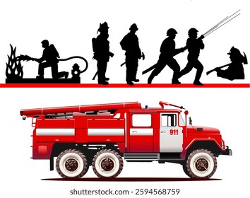 Firefighters silhouettes fighting fire and red firetruck illustration on white background