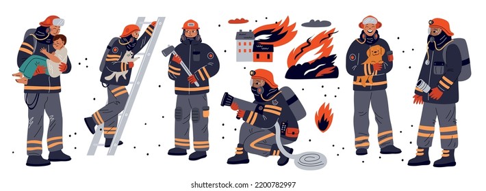 Situaciones de bomberos. Los personajes de bomberos extinguen el fuego con uniforme protector. Hombres rescatando niños y animales de una casa en llamas. Equipo de extinción de incendios. Garish