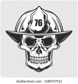 Firefighter's skull. Black and white illustration. Isolated on light backgrond with grunge noise and frame.