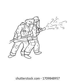 Firefighters standing and extinguishing fire with hose in hands, simple outline vector illustration. Fireman rescuing lives, pen drawn. Brave human saving nature and other people, hand drawn logo.