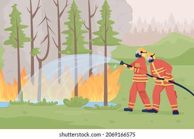 Bomberos que reprimen la ilustración vectorial de color plano de incendios forestales. Desastre natural. Primeras respuestas extinguiendo incendios forestales personajes de dibujos animados 2D con paisaje natural en segundo plano