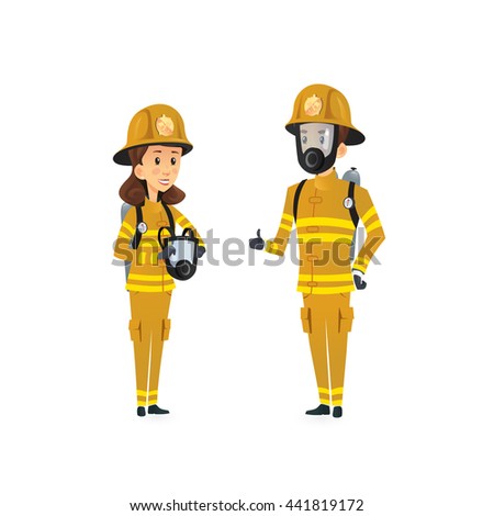 Firefighters team man and woman isolated. Cartoon style characters Vector illustration  Uniform