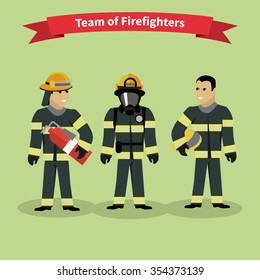 Firefighters team people group flat style. Fireman,and firefighter isolated, firefighter helmet, safety service, danger and rescue, uniform protection illustration