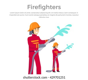 Firefighters team people group flat style. Fireman firefighters in uniform and a helmet to pour water from a hose. Vector illustration