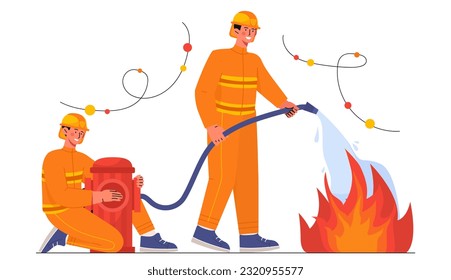 Firefighters team put out fire concept. Security and protection. Young guys near fire hydrant. Worker wearing helmet and uniform holding hose, watering flame. Cartoon flat vector illustration