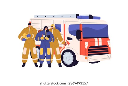 Firefighters team standing at truck, car engine. Men and woman fire fighters group portrait at professional firefighting vehicle. 911 workers. Flat vector illustration isolated on white background