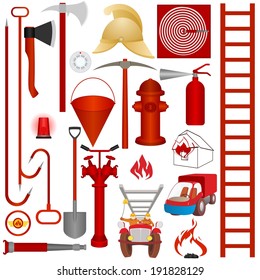 Firefighters tools, accessories and equipment for fire fighting. Illustration on white background.