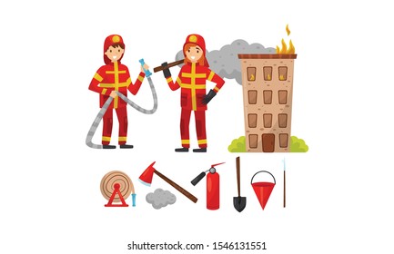 Firefighters, tools and a burning house. Vector illustration.