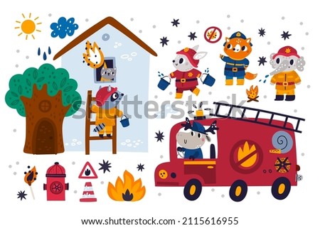 Firefighters tools. Cute animals in fire uniform with buckets of water extinguish ignition. Raccoon rescues kitten in burning house. Deer drives emergency truck. Vector