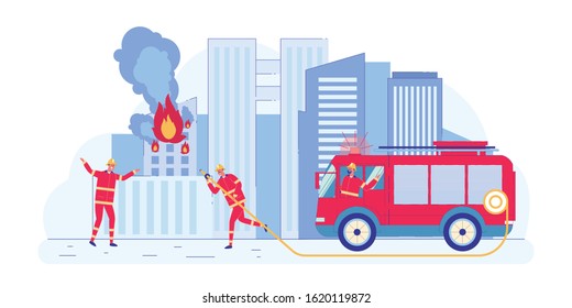Firefighters Trying to Cope with Flame Flat Cartoon Vector Illustration. Engine Fire Truck with Emergency Light without Water. Cityscape with Smoke on Background. Dangerous Accident.